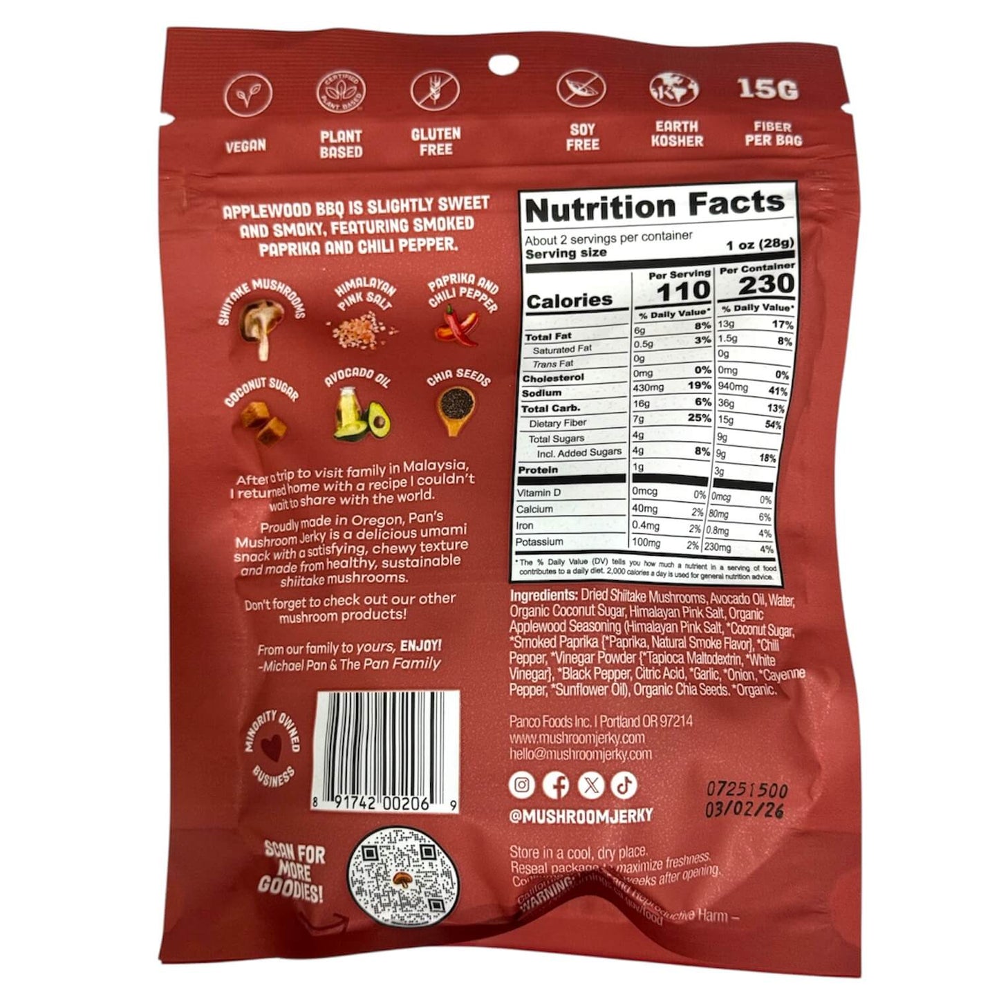 Pan's Applewood BBQ Mushroom Jerky