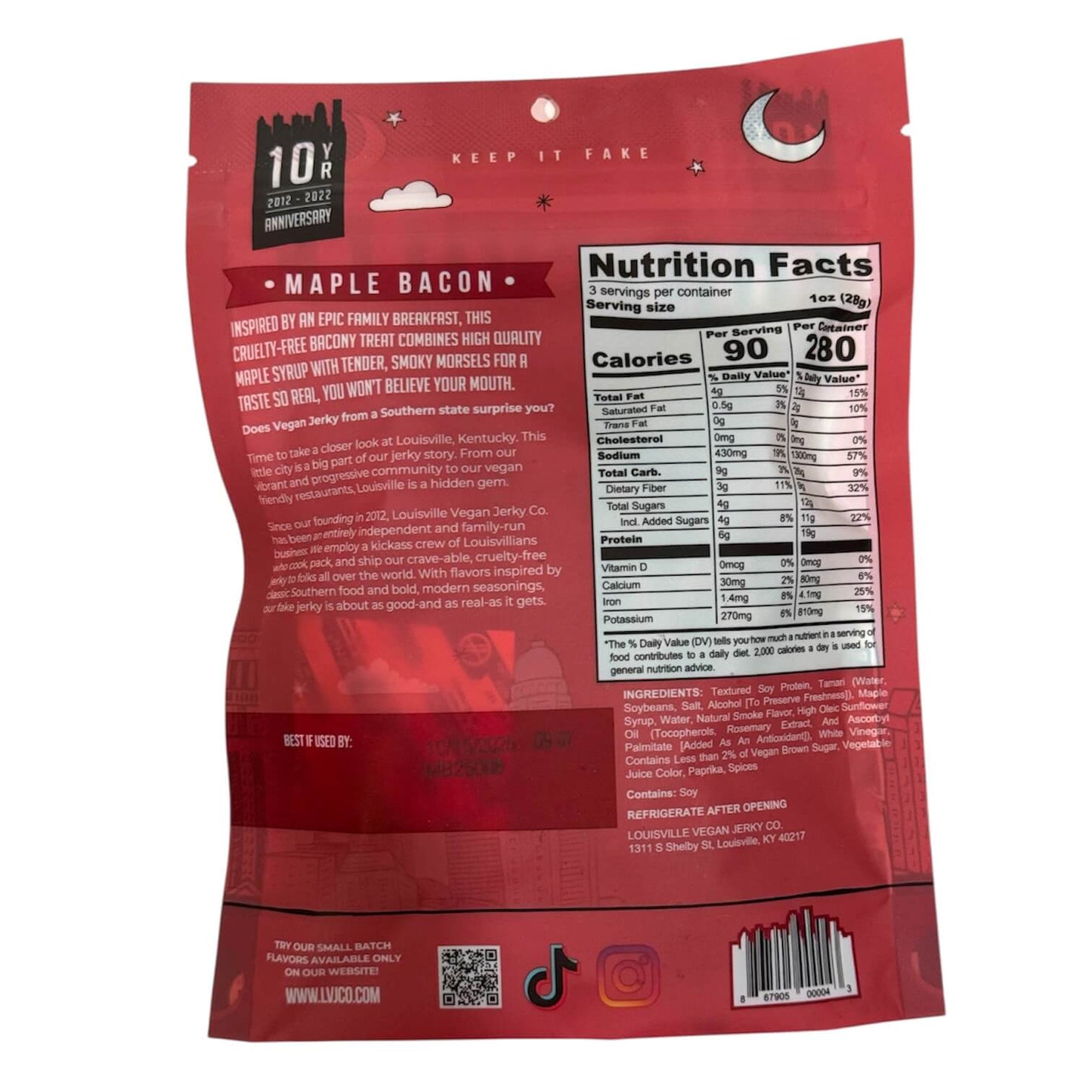 Louisville Vegan Jerky Maple Bacon, Plant-Based Jerky